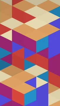 3D cubes loop. Isometric geometric mosaic pattern of colorful orange and blue blocks. Vertical video.