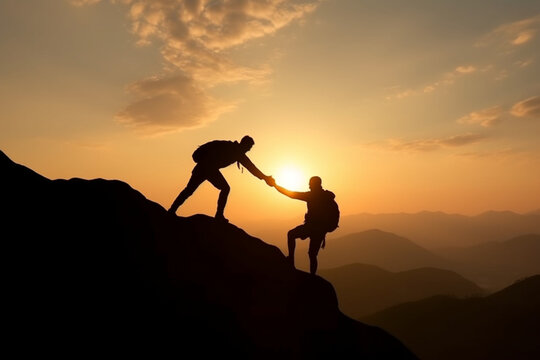 Man is giving helping hand, Silhouettes of people climbing on mountain at sunset, Help and assistance concept, Silhouettes of two people climbing on mountain and helping
