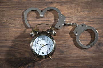 Handcuffs and alarm clock on the wooden background.