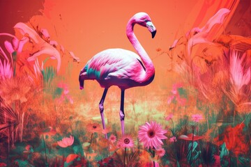 retro and vintage psychedelic poster of flamingo in a flowery field, created with generative ai