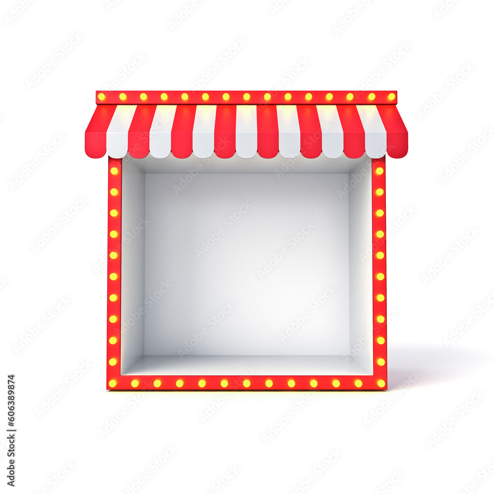 Poster blank exhibition booth shop store or blank display stall stand with red striped awning and retro yel