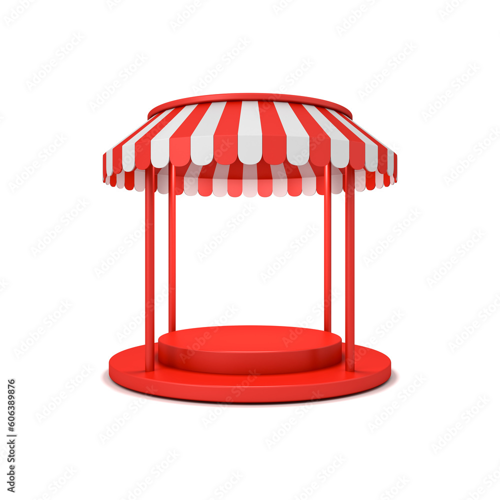 Poster Blank red stage podium pedestal with red striped dome awning roof or blank product display award winning stand platform isolated on white background with shadow minimal conceptual 3D rendering