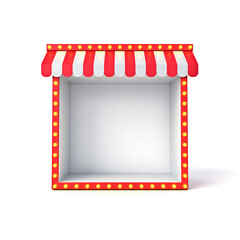 Blank exhibition booth shop store or blank display stall stand with red striped awning and retro yellow neon light bulbs isolated on white background with shadow minimal conceptual 3D rendering
