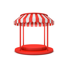 Blank red stage podium pedestal with red striped dome awning roof or blank product display award winning stand platform isolated on white background with shadow minimal conceptual 3D rendering
