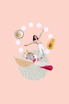 Creative abstract template graphics collage image of funky excited lady enjoying fruit ice cream isolated pastel color background