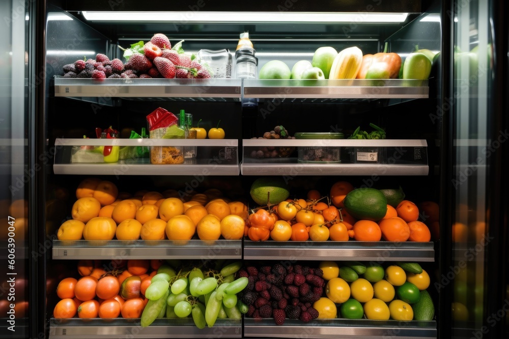 Sticker walk-in refrigerator with shelves overflowing with fresh fruit and vegetables, created with generati