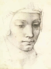 Carbon sketch painting vector woman portrait cmyk illustration Michelangelo Buonarroti 