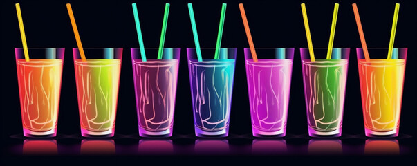 8 leuchtende Cocktails / Drinks in Neonfarben mit Strohhalm auf dunklem Hintergrund. Querformat. Generative Ai.