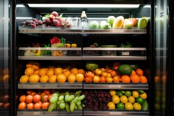 walk-in refrigerator with shelves overflowing with fresh fruit and vegetables, created with generative ai