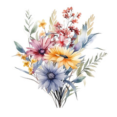 Obraz na płótnie Canvas Watercolors summer flowers isolated on a transparent background. Floral arrangement, bouquet . Can be used for invitations, greeting, wedding card, ai generated 
