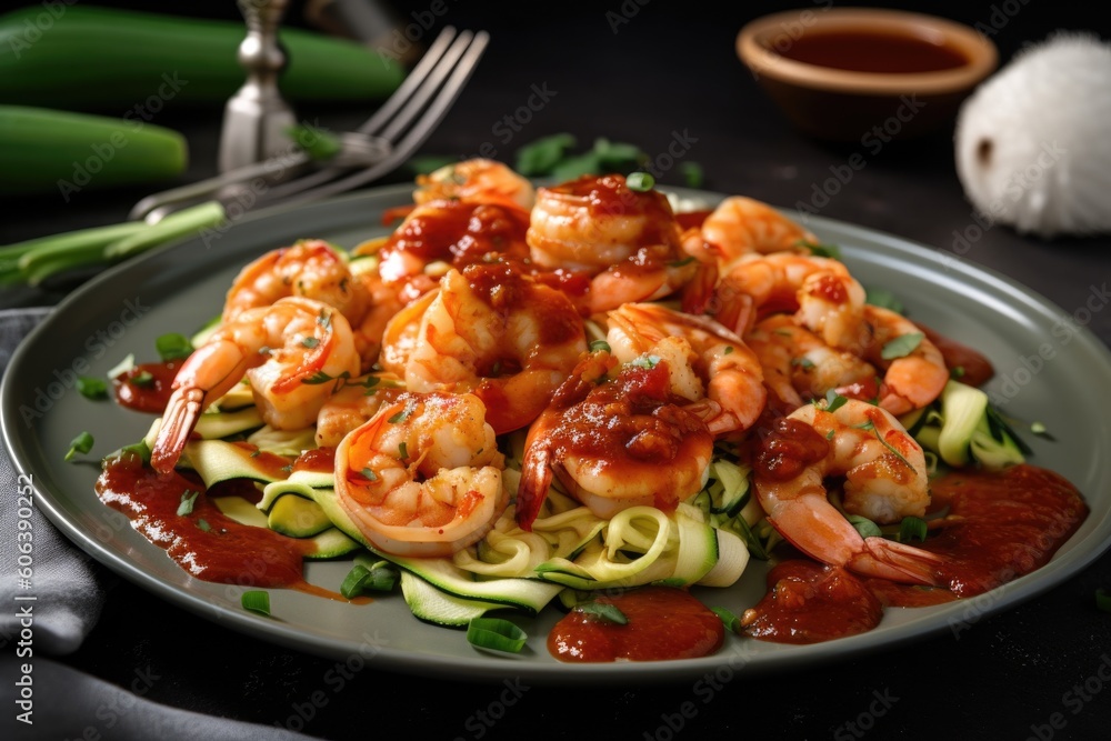 Poster plate of zucchini pastwith shrimp and spicy red sauce, created with generative ai