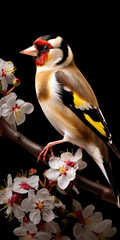 Goldfinch on a branch with flowers isolated on a black background - obrazy, fototapety, plakaty
