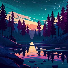 lake in the forest at night Generative AI