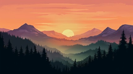 Obraz premium silhouette of the forest and mountains at sunset, watercolor style Generative AI