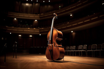Serenade of Strings: Double Bass in a Majestic Concert Hall. AI generated - obrazy, fototapety, plakaty