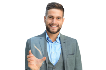 Future concept. Businessman holds futuristic transparent smart phone on a transparent background