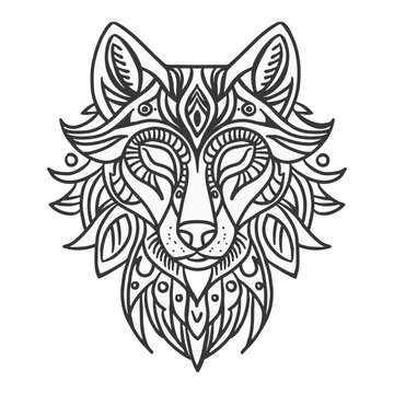 Wolf head zentangle. Antistress coloring for adults. black and white lines. Print for t-shirts and coloring books.