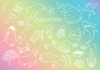 水族館にいるかわいい生き物たちのイラストセット　てがき線画
