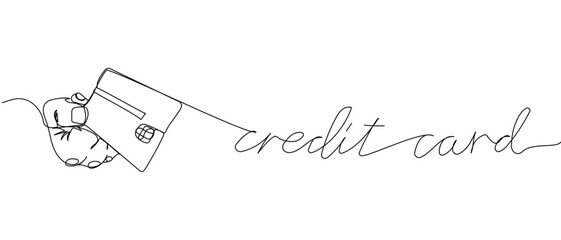 Bank card with a chip in hand, credit card one line art. Continuous line drawing of bank, money, finance, financial, payment, data, savings, wealth, credit with an inscription, lettering, handwritten.