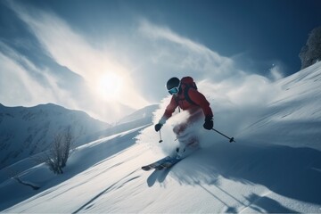 winter sports scene, with skier making graceful downhill run on snowy mountain slope, created with generative ai