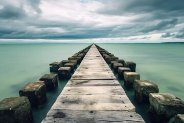 Fototapeta premium Wooden pier in the sea with dramatic cloudy sky - retro vintage effect. generative AI
