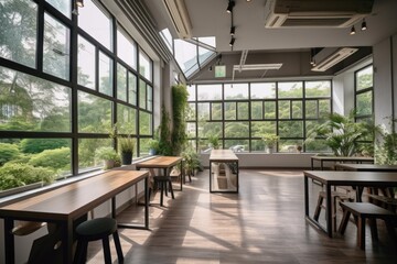 co-working space with natural light and greenery in the background, created with generative ai