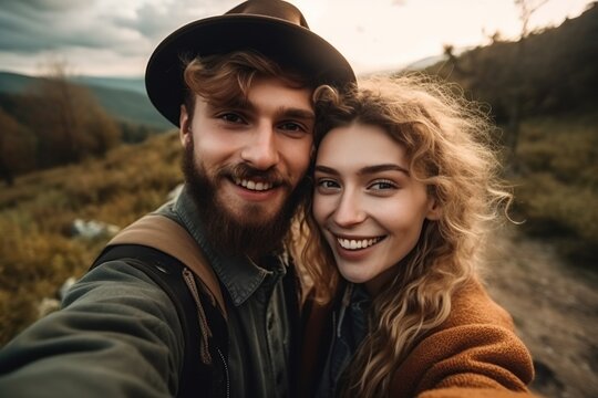 happy couple in love smile while taking selfie on smartphone while traveling in nature in mountains. Generative AI