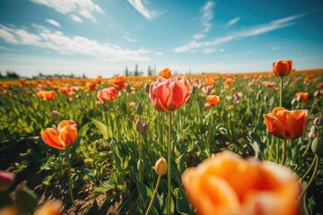 beautiful tulips growing in a field on a sunny day, created with generative ai