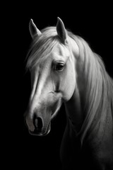 Awesome Portrait of a white horse of camrgue on a black background. Monochrome studio shot. generative AI - obrazy, fototapety, plakaty