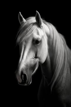 Awesome Portrait of a white horse of camrgue on a black background. Monochrome studio shot. generative AI