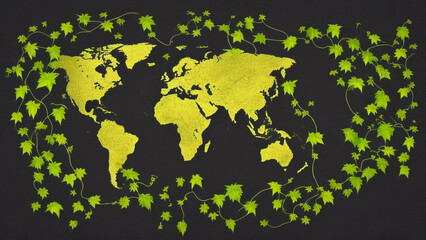 Vine with map earth, black background, environmental protection concept Generative AI