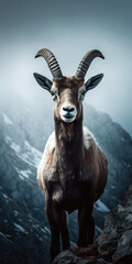 Barbary sheep standing in the snowy mountains