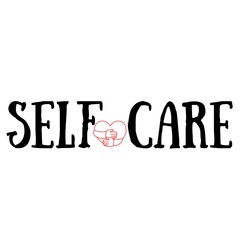 Text "Self care" with a heart and hands isolated on a white background. Lettering illustration 