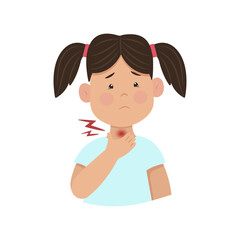 Child has a sore throat, Sad girl holds his neck. Sore throat, inflammation. Vector illustration. Kid infections.