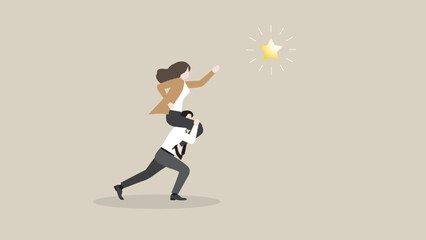 Obraz premium A businesswoman searches for success. Boss rides piggyback on an employee team staff and grabs a star. Business opportunity, ambition, intention, work hard, reach a target, goal, and idea concept.