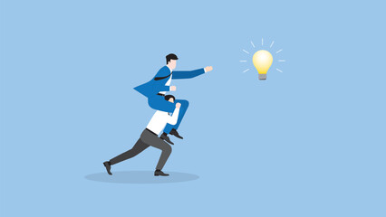 Fototapeta na wymiar A businessman searches for success. Boss rides piggyback on an employee team staff and grabs a light bulb. Business opportunity, ambition, intention, work hard, reach a target, goal and idea concept.