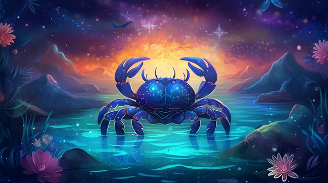 Cancer Zodiac sign, horoscope astrology wallpaper background illustration design crab, Generative AI