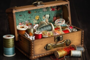 sewing basket filled with different types of threads and fabrics, created with generative ai