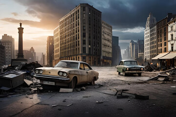City destroyed by bombings and war. Abandoned cars next to destroyed buildings. A post-apocalyptic concept. Created using Generative AI tool.