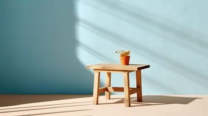 Wooden small table with pot vase of flowers in sunlight on blue wall background, empty room. generative AI