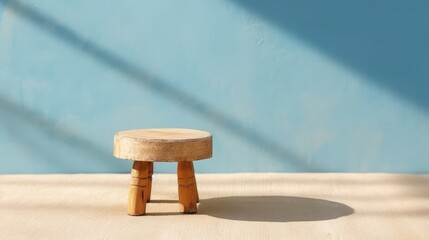 Wooden stool on a table in front of a blue wall, empty room with natural shadow from the window. generative AI