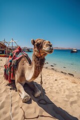 illustration, sandy beach with camels in egypt, ai generative