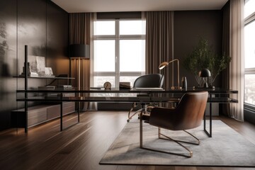 a sleek and minimalist home office with a sleek leather chair, a glass desk and modern decor, created with generative ai