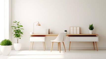 Interior of modern bright workplace with white walls, wooden desk  with chair. minimal design. generative AI