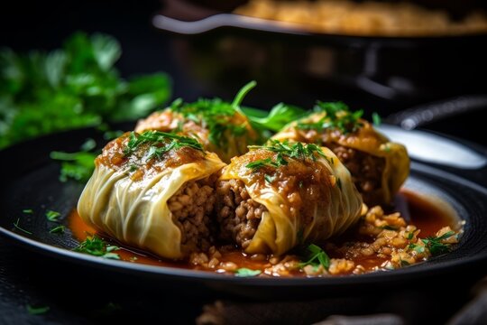 steamed cabbage roll filled with minced meat and rice, garnished with parsley on a plate