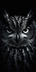 Black and white illustration of an owl with a black background