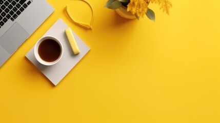 Flat lay workspace with laptop, coffee cup, yellow flower and accessories on yellow background. copy space. generative AI