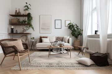 Fototapeta na wymiar tidy and clutter-free living room with minimalist decor, created with generative ai