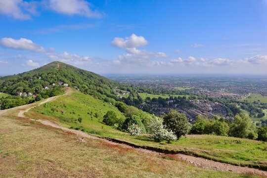 malvern hills view from the track on a sunny day with blue skies