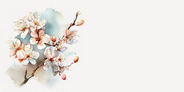 Sakura blossom branch. Watercolor style tender artwork, light colors. Banner with place for text. Springtime greeting card. Generative AI.